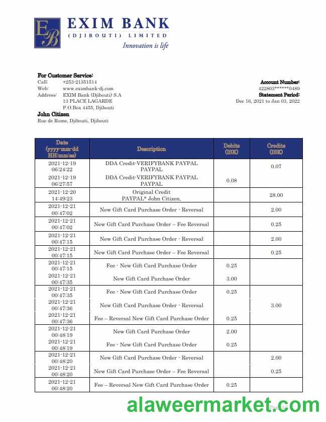 Djibouti Exim Bank statement